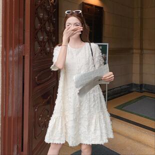 米感白色肌理流短苏袖d055-608连衣裙女夏新款韩系温柔独特漂娃亮
