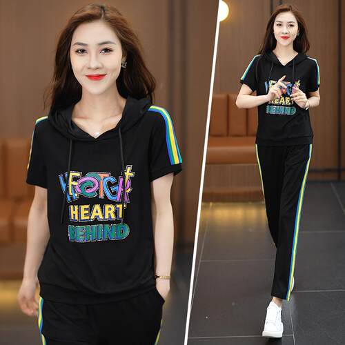 拼色印花件休闲百运动服套装女夏季款时尚搭连帽新卫衣两77405455