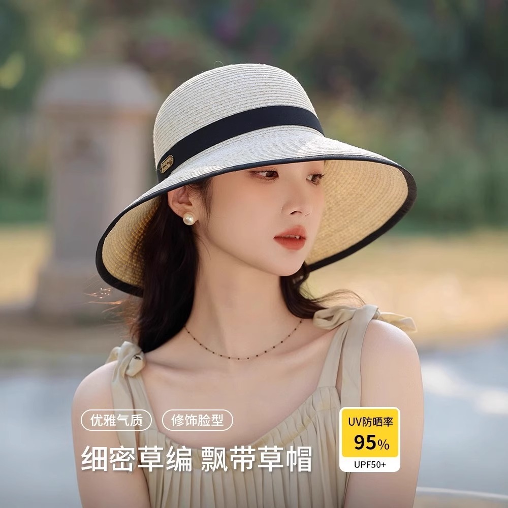 2025新款夏季可折叠防晒海边度假沙滩帽女士草编大帽檐遮阳草帽子