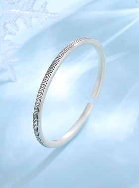 纯银手镯手工刻字实心开口民族风