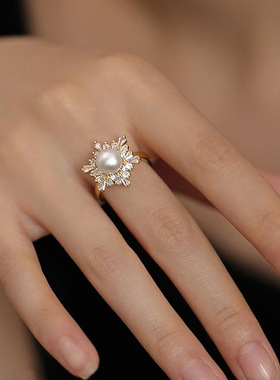 天然淡水珍珠戒指女不掉色时尚小众轻奢感开口新中式手饰