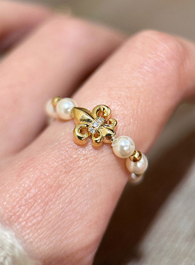 复古鸢尾花珍珠戒指女小众感不掉色食指弹力绳轻奢指环