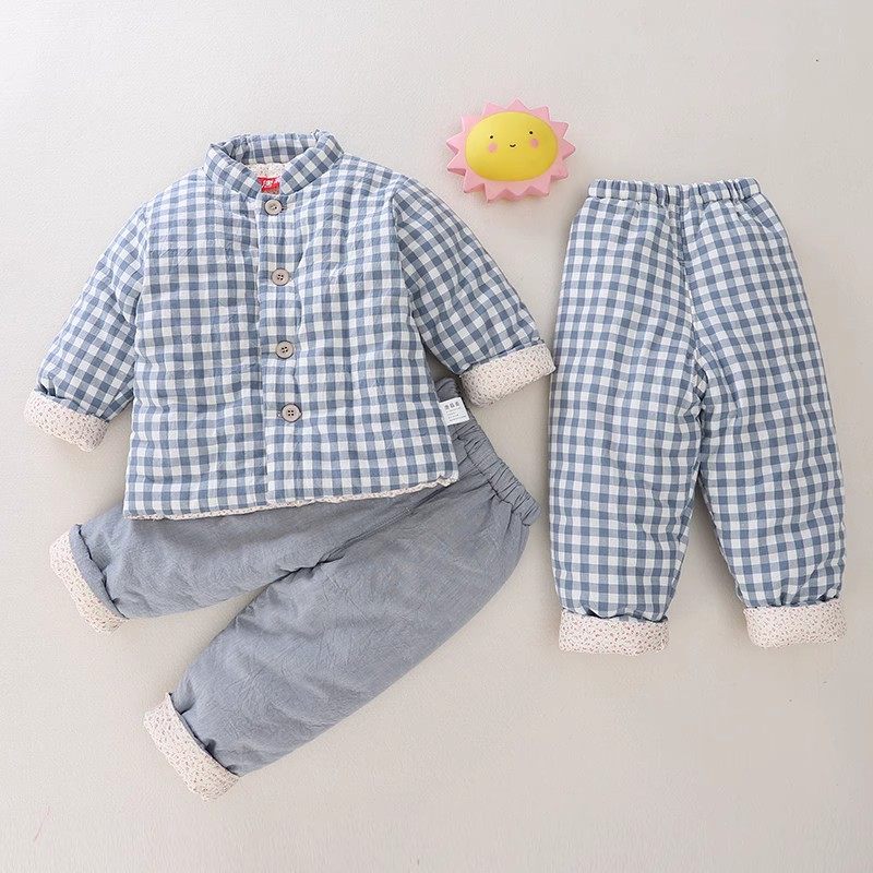 男女童手工纯棉花棉衣套装格子宝宝加厚棉袄棉裤家居服婴幼儿冬装