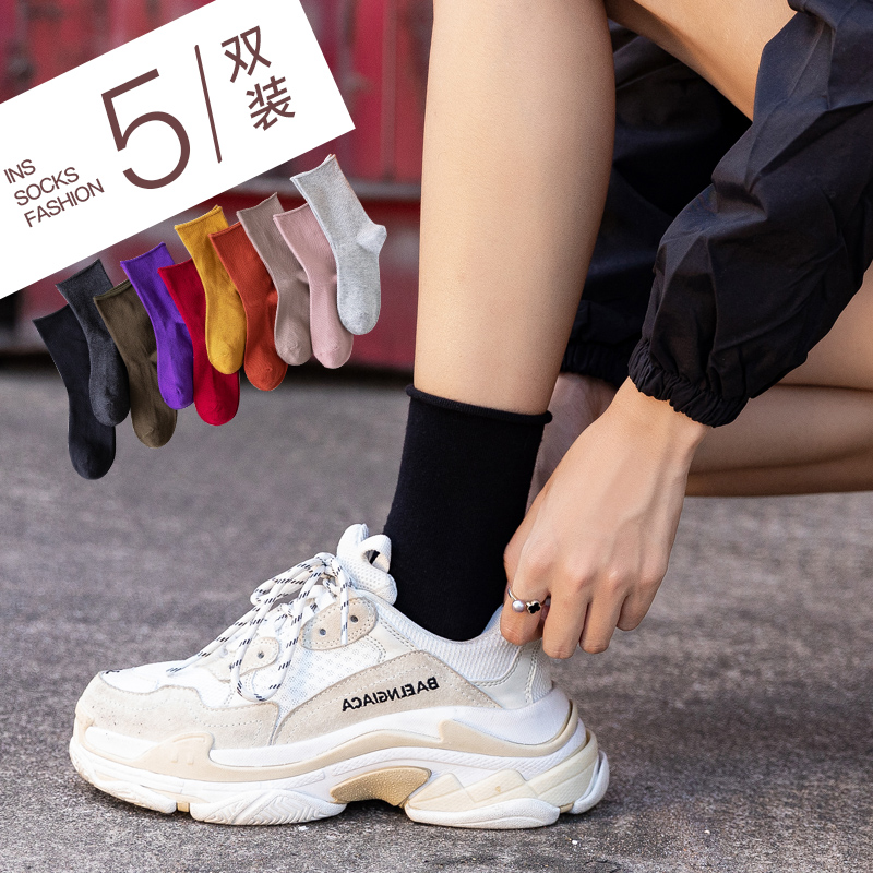 长袜子女中筒袜ins潮堆堆袜秋冬日系黑色街头百搭长筒棉袜网红款