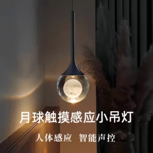 主卧室床头吊灯创意艺术月球小吊灯轻奢高级感声控触摸水晶吊线灯