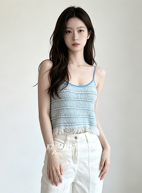 K2 ONLINESTORE小众辣妹蓝色流苏针织吊带背心女夏季减龄显瘦上衣