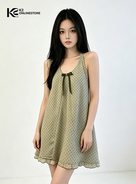 K2 ONLINESTORE 法式绿色网纱波点蝴蝶结吊带女度假宽松休闲上衣