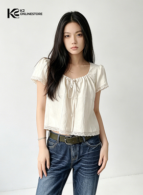 K2 ONLINESTORE韩系蕾丝花边抽绳圆领短袖衬衫女白色显瘦百搭上衣