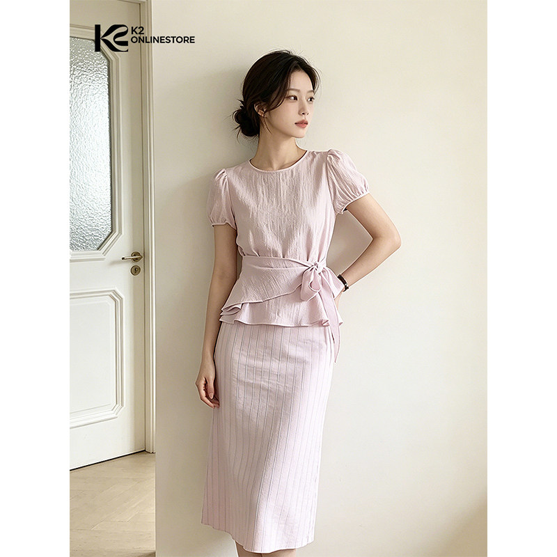 K2 ONLINESTORE 法式粉色系绳圆领短袖衬衫女装简约气质显瘦上衣