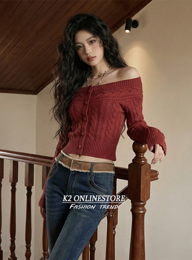 K2 ONLINESTORE 纯欲红色露肩一字领毛衣女气质修身显瘦百搭上衣