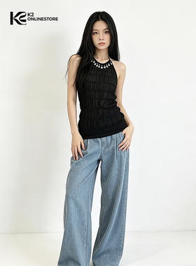 K2 ONLINESTORE 性感辣妹珠片装饰挂脖吊带女装黑色修身露背上衣