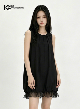 K2 ONLINESTORE 法式网纱拼接无袖背心连衣裙女黑色宽松显瘦短裙
