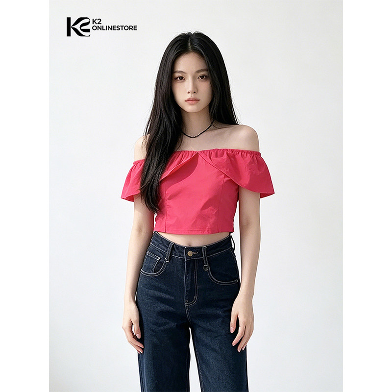 K2 ONLINESTORE 艳丽玫红色露肩一字领衬衫女氛围感修身出片上衣