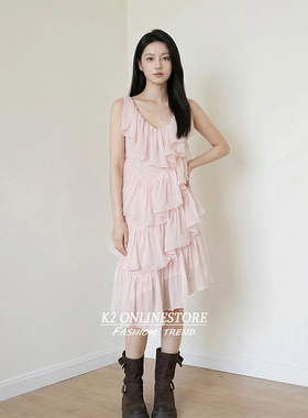 K2 ONLINESTORE 法式不规则荷叶边背心连衣裙女海边度假粉色短裙