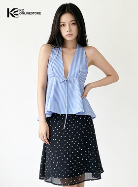 K2 ONLINESTORE 韩系蓝色条纹v领挂脖吊带女夏季休闲显瘦百搭上衣