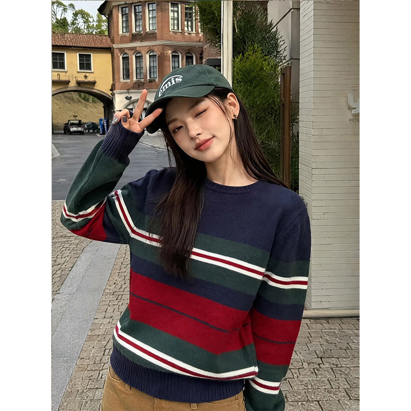 K2 ONLINESTORE 韩系chic慵懒拼色条纹圆领毛衣女复古休闲针织衫