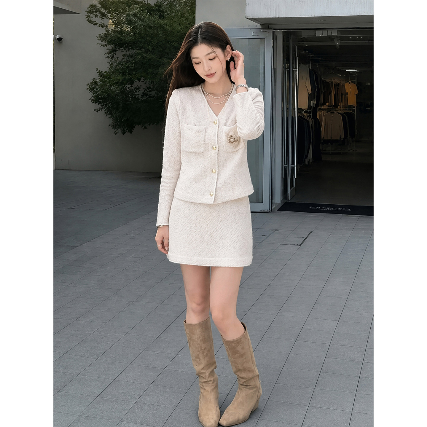 K2 ONLINESTORE 小资气质名媛风V领西装外套女时尚花呢半裙两件套