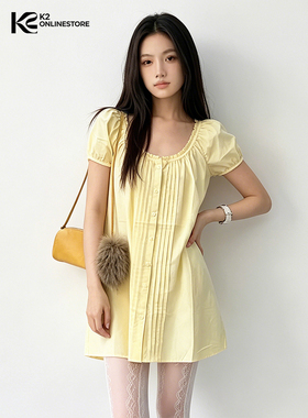 K2 ONLINESTORE 韩系黄色木耳边单排扣衬衫连衣裙女减龄宽松短裙