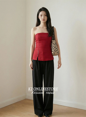 K2 ONLINESTORE 法式红色纽扣开叉抹胸背心女装气质修身百搭上衣