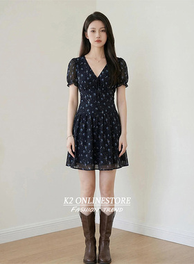 K2 ONLINESTORE 法式碎花v领短袖衬衫连衣裙女高级感气质修身短裙