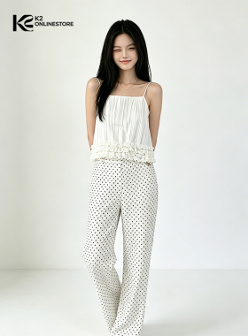 K2 ONLINESTORE 法式木耳边拼接压褶吊带背心女白色休闲百搭上衣