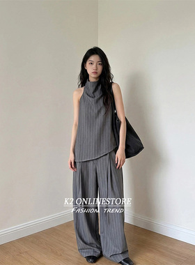 K2 ONLINESTORE时尚简约条纹高领背心上衣女灰色宽松休闲长裤套装