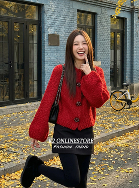 K2 ONLINESTORE 法式简约红色圆领毛织开衫女氛围感宽松百搭外套