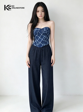 K2 ONLINESTORE 韩系蓝色格纹露肩抹胸背心女装小众收腰短款上衣