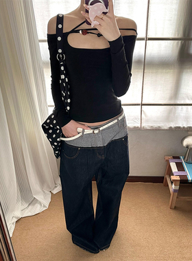 K2 ONLINESTORE 设计感不规则镂空串珠露肩T恤女黑色显瘦修身上衣