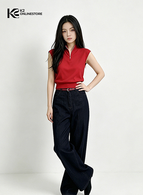K2 ONLINESTORE时尚红色拉链高领坎肩无袖背心女通勤修身百搭上衣