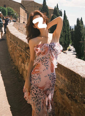 K2 ONLINESTORE 辣妹豹纹印花露肩抹胸连衣裙女度假旅游绝美长裙