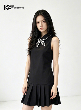 K2 ONLINESTORE 韩系学院风Polo领背心连衣裙女黑色气质修身短裙