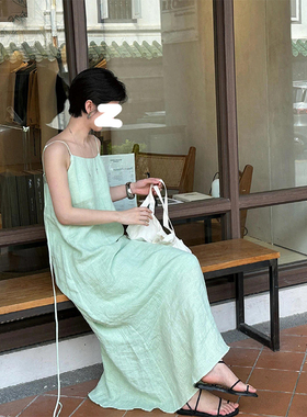 K2 ONLINESTORE 法式薄荷绿色棉麻吊带连衣裙女夏季高腰气质长裙