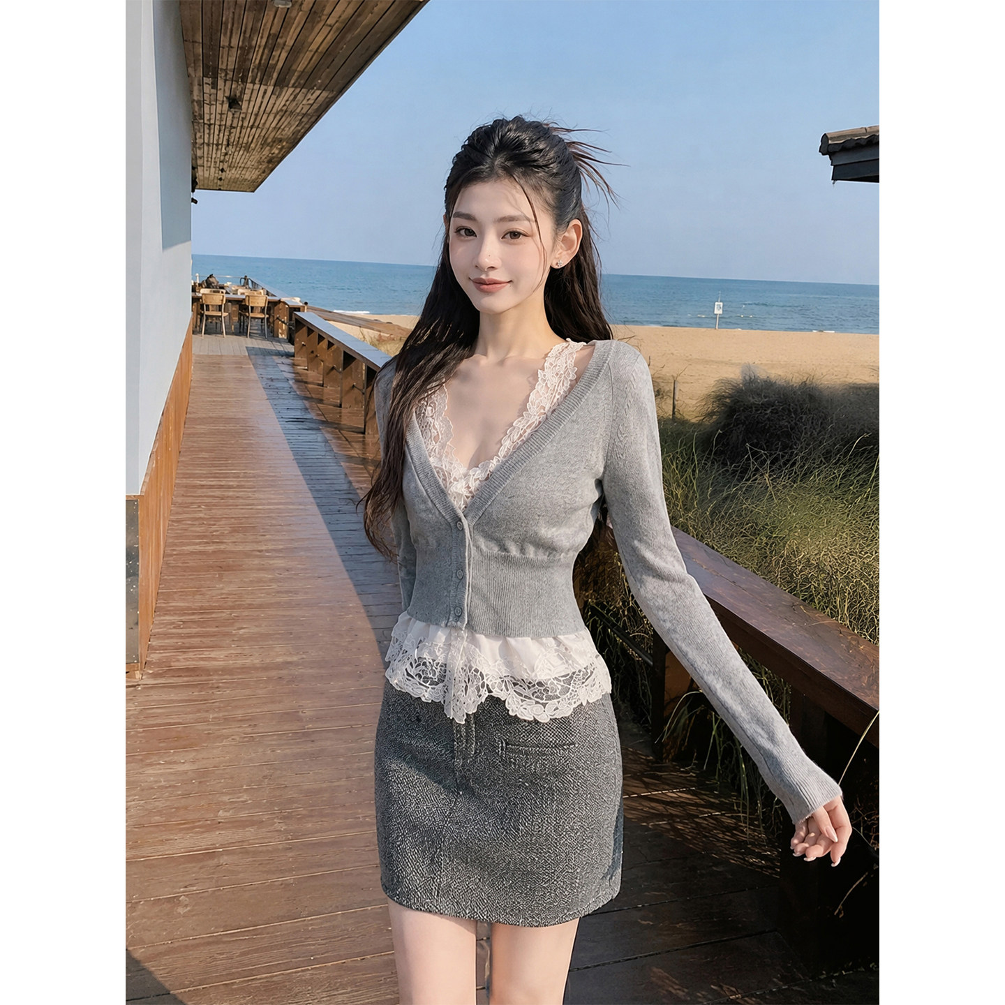 K2 ONLINESTORE 气质辣妹假两件蕾丝V领吊带上衣女纯欲显瘦针织衫