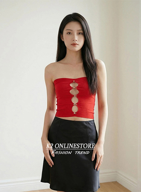 K2 ONLINESTORE 辣妹红色镂空钉珠抹胸背心女小众修身百搭短上衣
