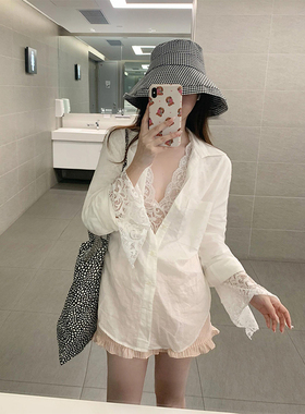 K2 ONLINESTORE纯欲风白色微透长袖防晒衬衫女性感蕾丝内搭两件套