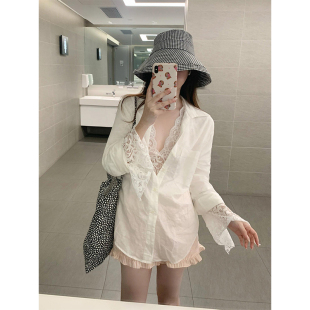 K2 ONLINESTORE纯欲风白色微透长袖防晒衬衫女性感蕾丝内搭两件套
