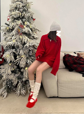 K2 ONLINESTORE 简约复古红色翻领针织衫女秋冬宽松廓形显瘦上衣