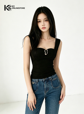 K2 ONLINESTORE 性感辣妹金属环扣吊带背心女装黑色修身百搭上衣