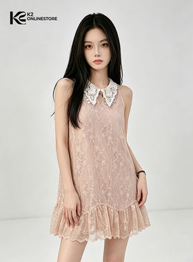 K2 ONLINESTORE 法式重工蕾丝网纱翻领连衣裙女高级感气质短裙子