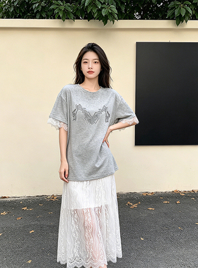 K2 ONLINESTORE 韩系蕾丝花苞圆领短袖T恤女灰色宽松廓形百搭上衣