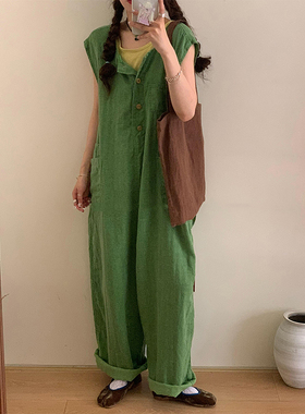 K2 ONLINESTORE 复古绿色棉麻无袖连体裤女装夏季宽松显瘦阔腿裤