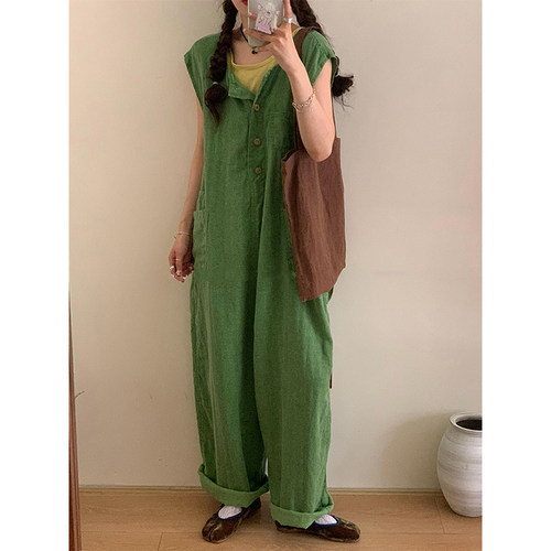 复古绿色棉麻无袖连体裤女