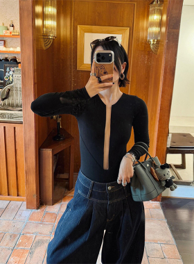 K2 ONLINESTORE 辣妹镂空拼接圆领长袖连体衣女黑色修身百搭上衣