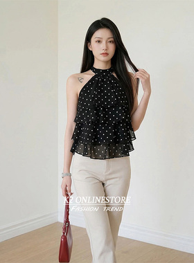 K2 ONLINESTORE 韩系波点印花露肩挂脖背心女装黑色露背百搭上衣