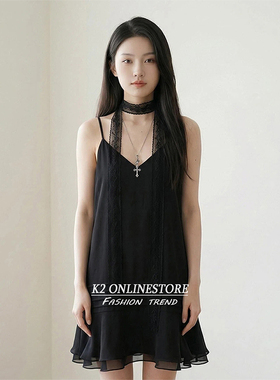 K2 ONLINESTORE 韩系简约网纱v领吊带连衣裙女黑色休闲显瘦短裙子