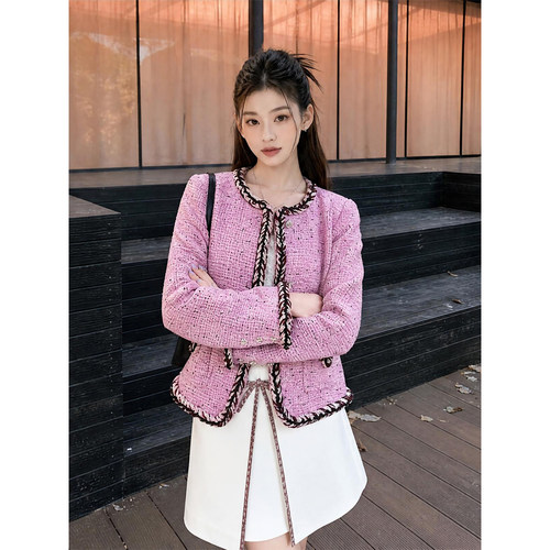 粉色混纺粗花呢小香风外套女