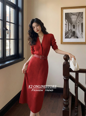 K2 ONLINESTORE 法式高级感v领针织连衣裙女红色气质修身显瘦长裙