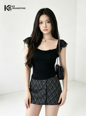 K2 ONLINESTORE 辣妹网纱拼接飞飞袖方领T恤女装黑色修身百搭上衣