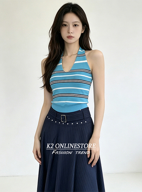 K2 ONLINESTORE 美式辣妹蓝色条纹v领针织挂脖女小众修身百搭上衣